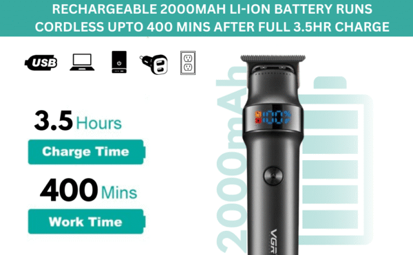 Original VGR V 987 Hair Trimmer Professional Digital Display Turbo function Zero Cutting Cordless Pro Self Haircut Hair Clipper Stainless steel & Ceramic Blade - Image 5